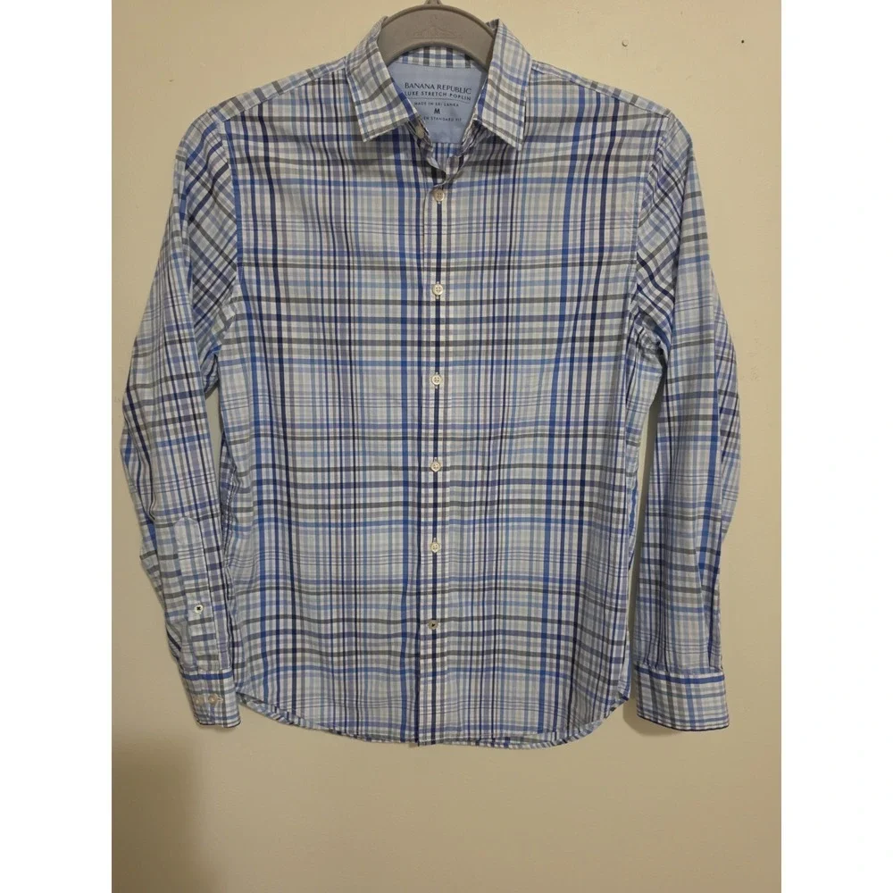 Banana Republic Shirt Mens M Blue Gray Plaid Grant Slim Fit Luxe Stretch Poplin